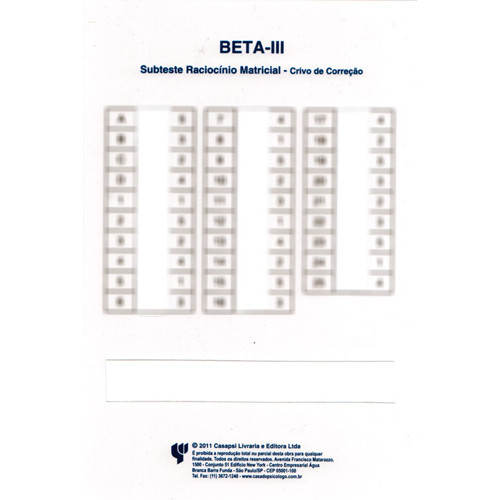 Teste Não Verbal de Inteligência Geral BETA III: Subtestes Raciocínio Matricial e Códigos - Crivo para Correção - Subtestes Raciocínio Matricial